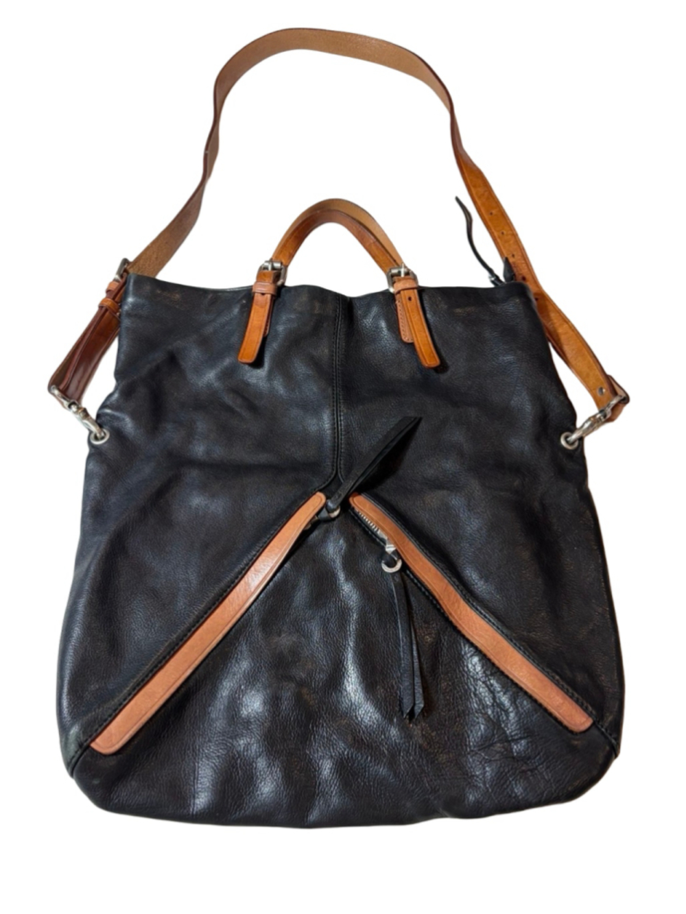 Christopher Kon Black Brown Leather Convertible Tote Shoulder Bag Slouchy